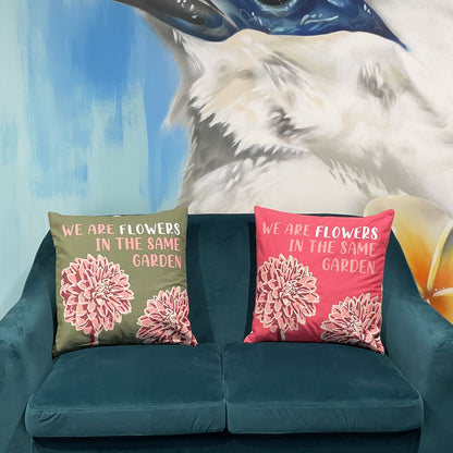 Alt Tag: Olive Poem Cotton Cushion Cover – 45x45 CM on sofa, 100% cotton cover with Seneca quote and floral print