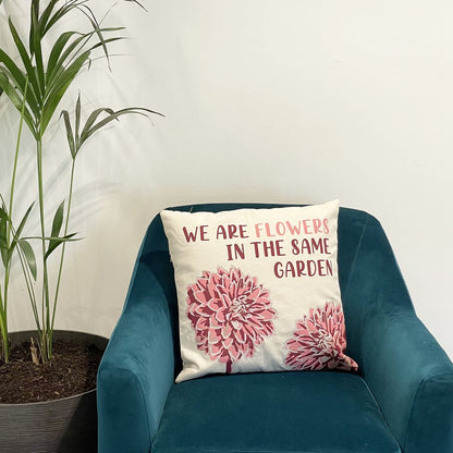 Olive Poem Cotton Cushion Cover – 45x45 CM on teal armchair, cotton cover with floral print and quote, styled decor photo