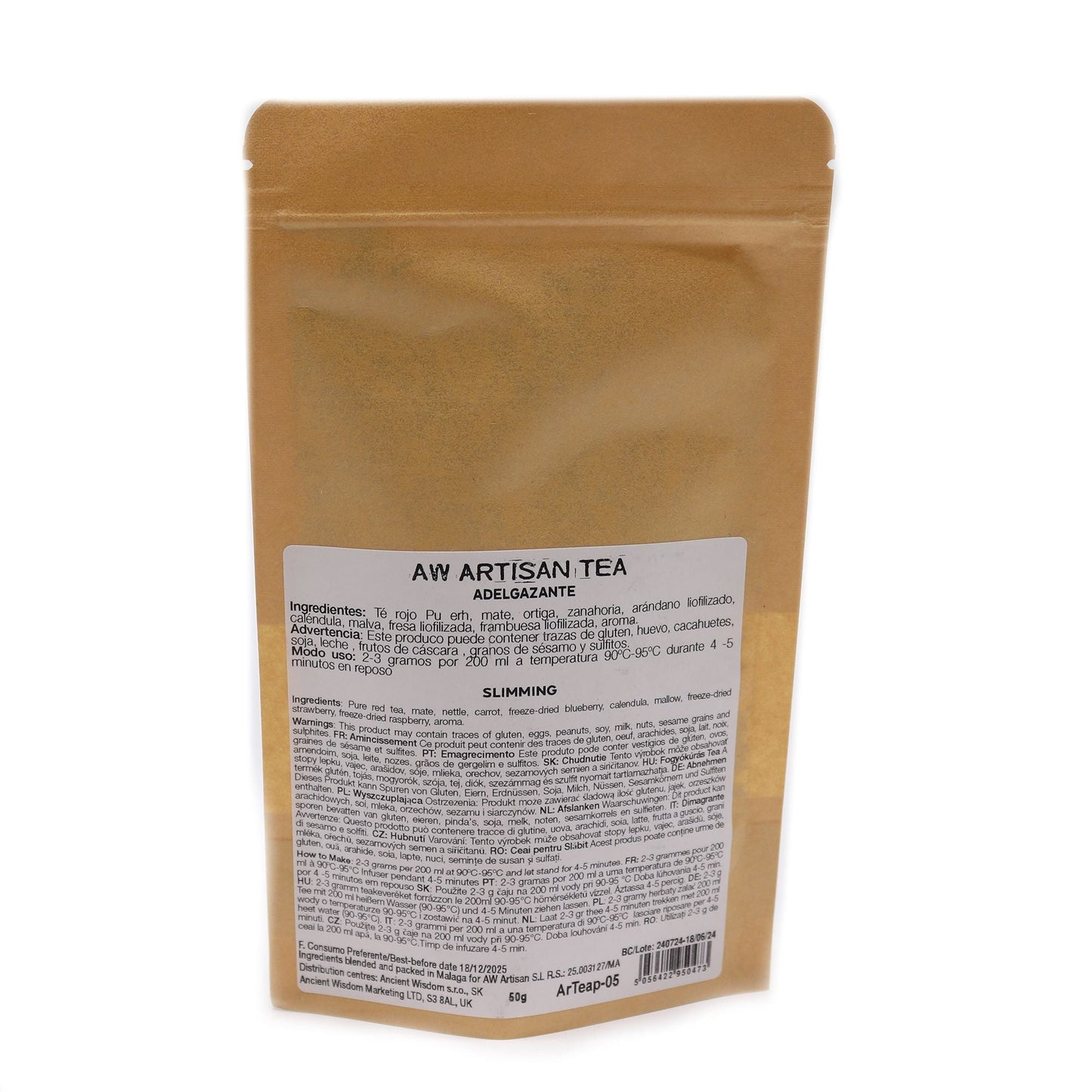 Alt-Tag: Pu-Erh Artisan Tea Blend – 50G On Angels Wings, handwerklicher Pu-Erh-Tee im Beutel mit Etikett für Zutaten und Zubereitung