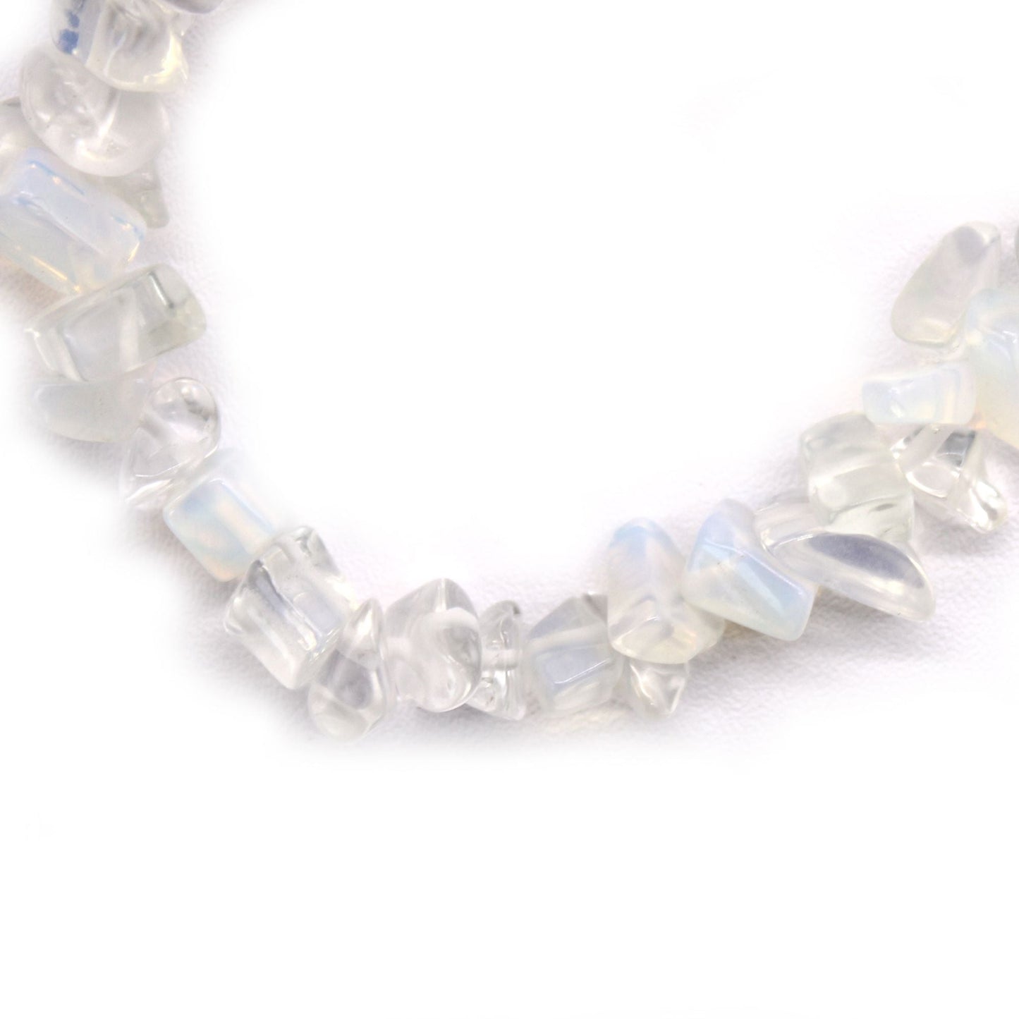 Alt Tag: Opalite Chipstone Bracelet – Natural Stone, translucent white opalite chip beads bracelet close-up on white background
