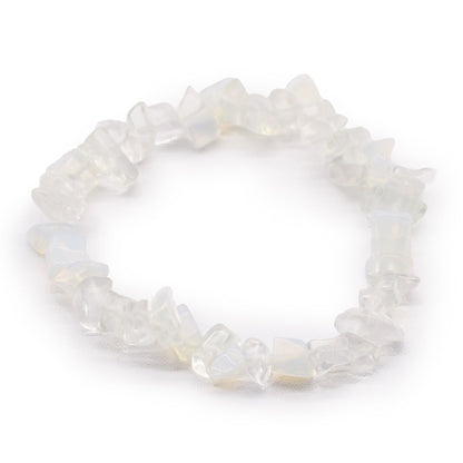 Opalite Chipstone Bracelet – Natural Stone, translucent opalite chip bead stretch bracelet on white background