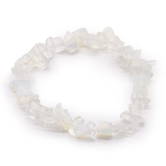 Opalite Chipstone Bracelet – Natural Stone, translucent opalite chip bead stretch bracelet on white background