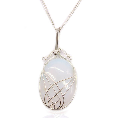 Opulent Opalite Necklace – Silver Swirl 3.5x1 CM, silver-plated swirl pendant with opalite gemstone on chain