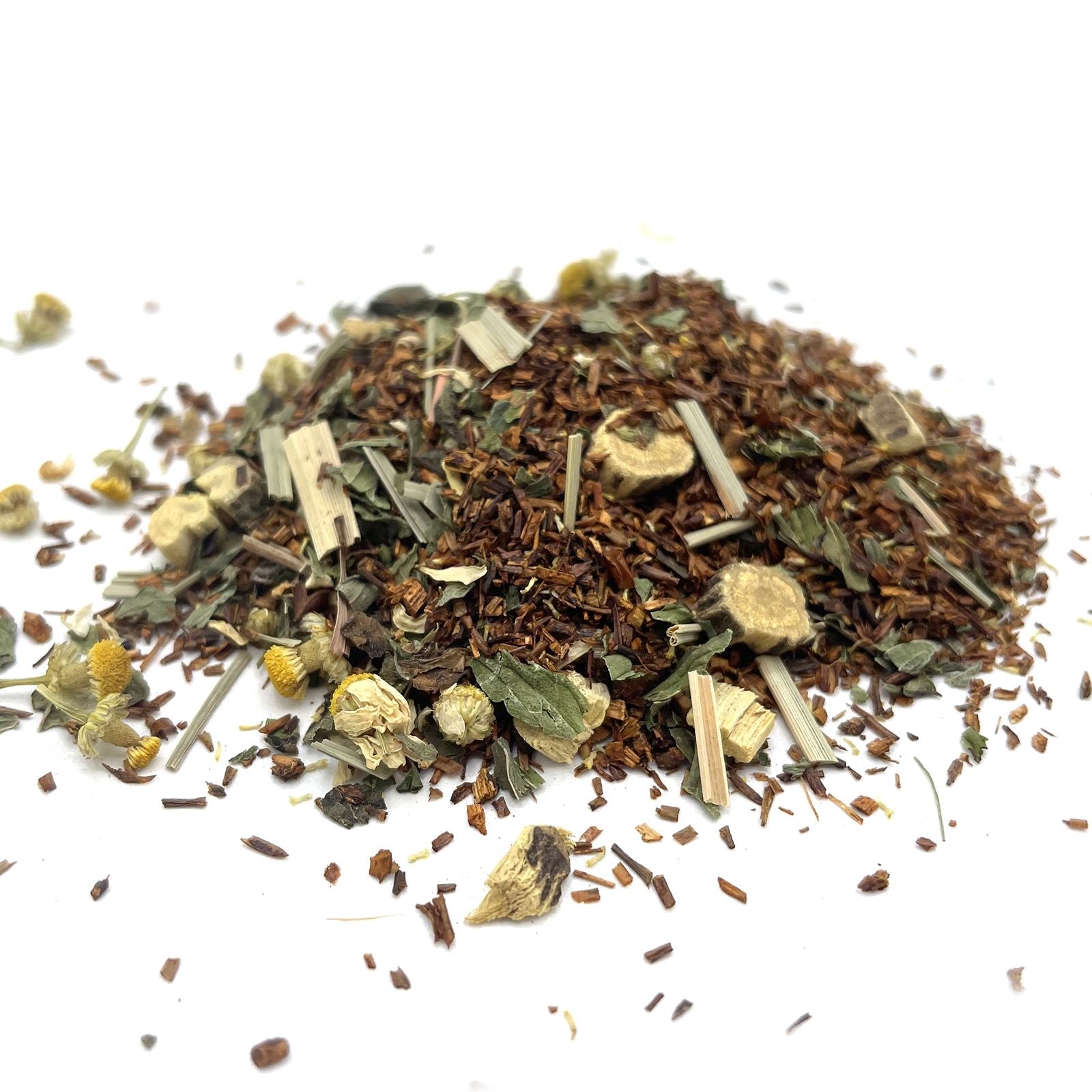 Alt Tag: Organic Biodigest Rooibos Tea – 1 KG loose-leaf rooibos blend with chamomile flowers and lemongrass on white background