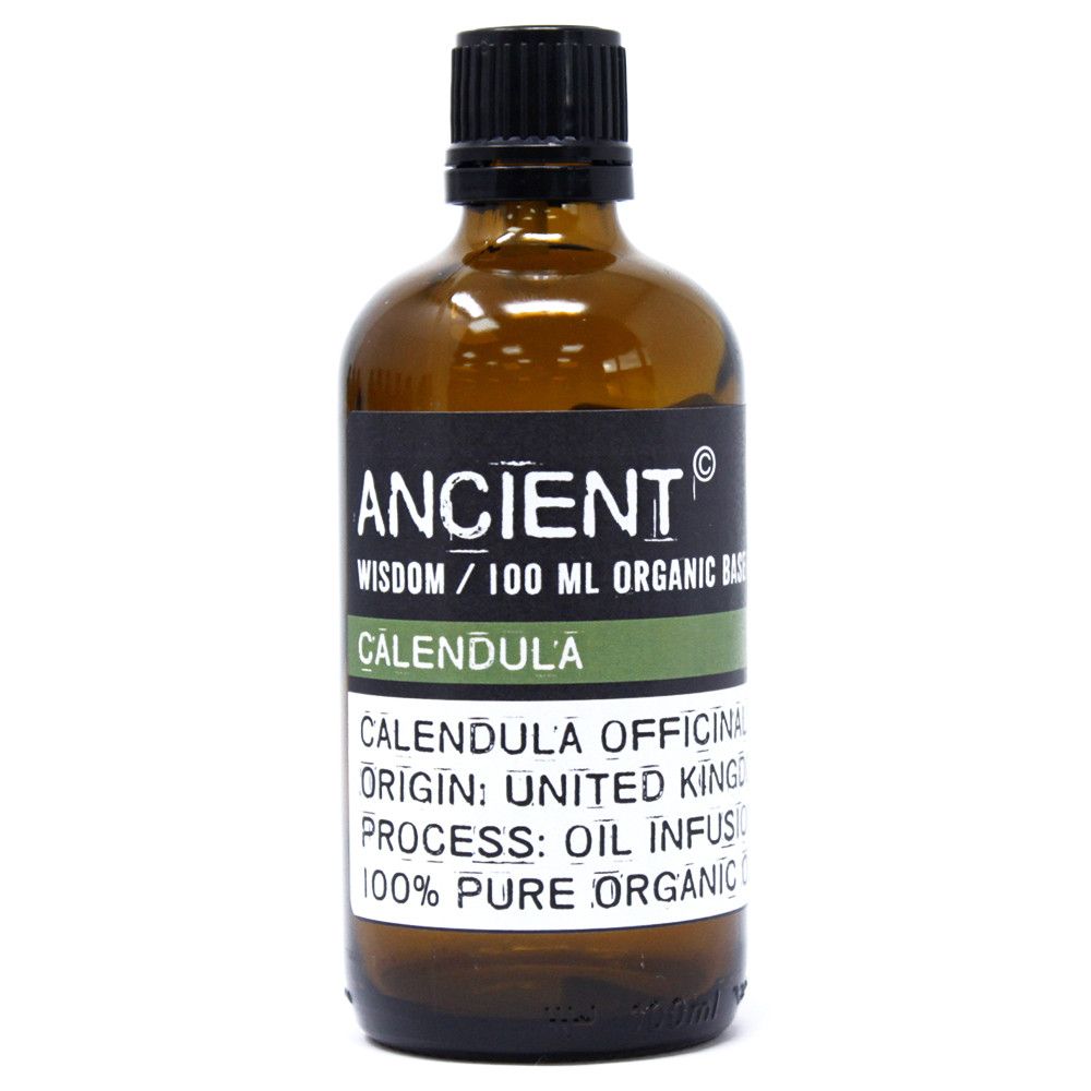 Alt Tag: Ekologisk basolja med ringblomma – 100 ml bärnstensfärgad glasflaska med svart lock, etikett med Calendula officinalis, ursprung: Storbritannien