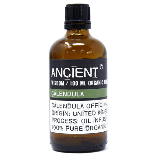 Alt Tag: Organic Calendula Base Oil – 100ML amber glass bottle with black cap, Calendula officinalis label, United Kingdom origin