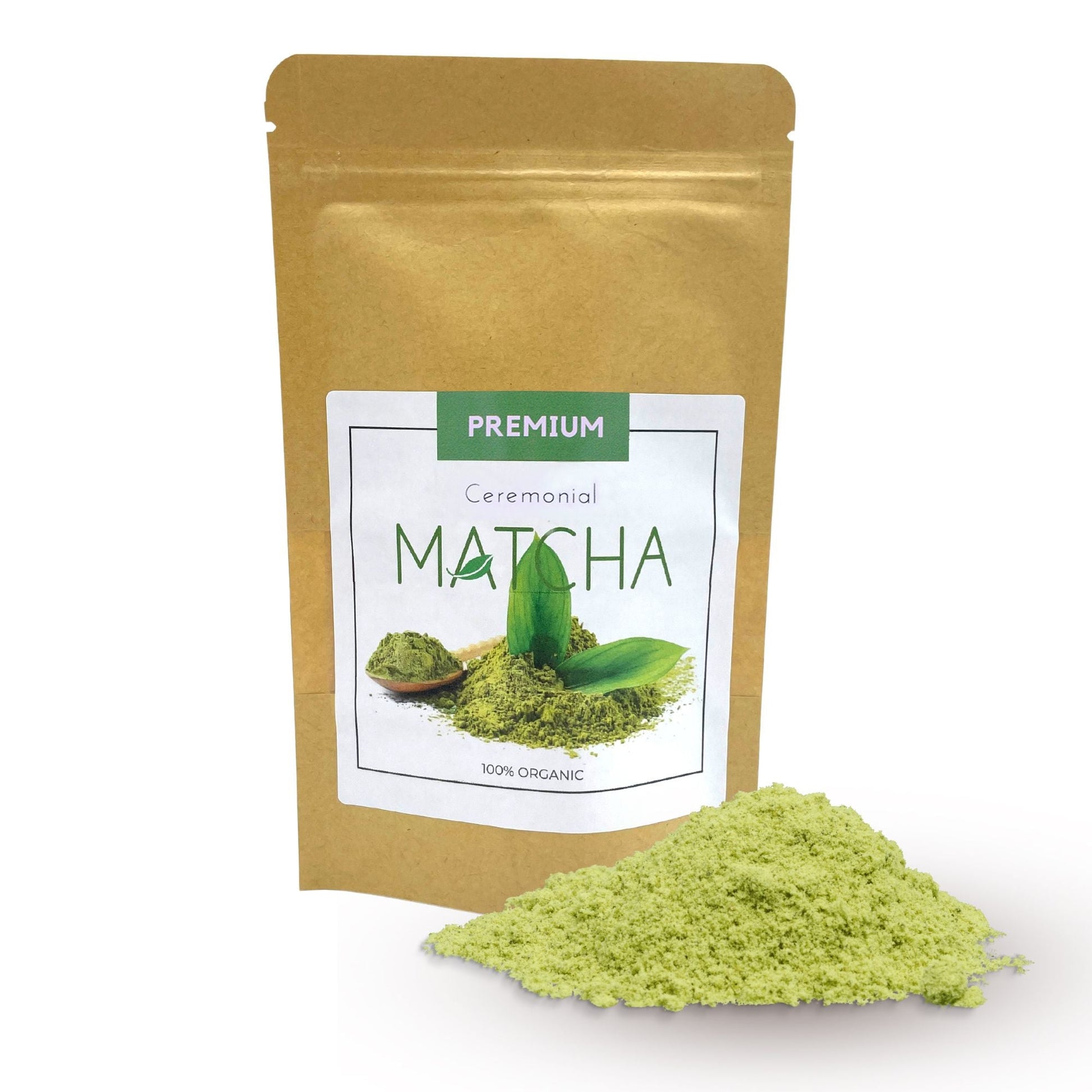 Ekologiskt matcha-te för ceremoniellt bruk – 1:a klass – 50 g i kraftpåse med premiumetikett för ceremoniell matcha och grönt matchapulver