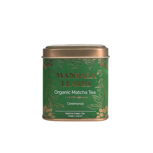 Ekologiskt ceremonimatcha-te – 50 g i grön plåtburk med Mandala Leaves, ekologiskt matchapulver för ceremoniellt bruk