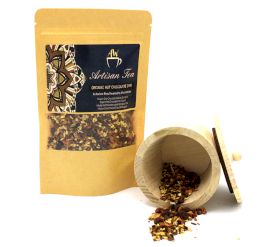 Organic Chai Chocolate Infusion – 50G Blend artisan tea pouch with loose leaf chai spices and cocoa nibs, wooden scoop and spilled blend