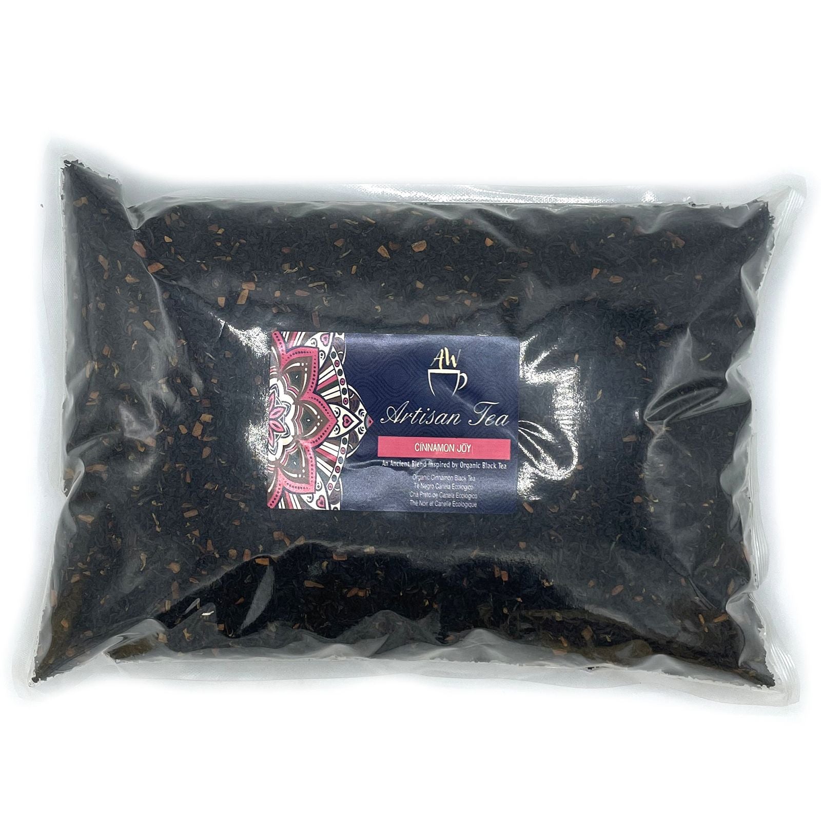 Alt Tag: Ekologiskt svart te med kanel – 1 kg storpack lösvikt svart teblandning med kanelbitar i förseglad 1 kg-påse