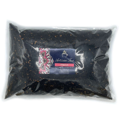 Alt Tag: Ekologiskt svart te med kanel – 1 kg storpack lösvikt svart teblandning med kanelbitar i förseglad 1 kg-påse