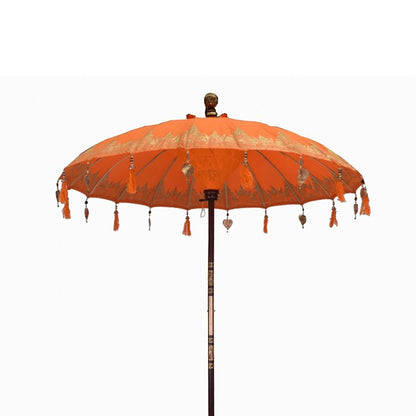 Organic Cotton Patio Parasol – Vibrant Orange 2M, parasol artesanal naranja con flecos decorativos, mástil de madera, 2 m de diámetro