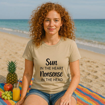 Organic Tee Sun in the Heart Nonsense in the Head beige organic cotton graphic t-shirt worn by woman on beach