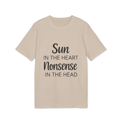 Organic Tee Sun in the Heart Nonsense in the Head beige organic cotton t-shirt with “Sun in the Heart Nonsense in the Head” text