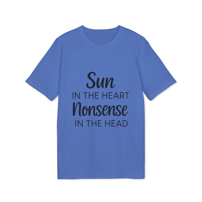 Organic Tee Sun in the Heart Nonsense in the Head blue organic cotton t-shirt with "Sun in the Heart Nonsense in the Head" text