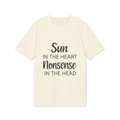 Organic Tee Sun in the Heart Nonsense in the Head natural organic cotton t-shirt, cream color, “Sun in the Heart Nonsense in the Head” text
