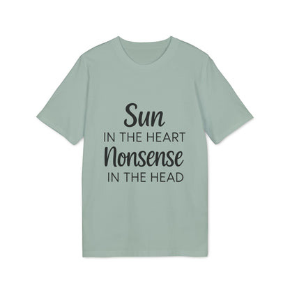 Organic Tee Sun in the Heart Nonsense in the Head green organic cotton t-shirt with “Sun in the Heart Nonsense in the Head” text