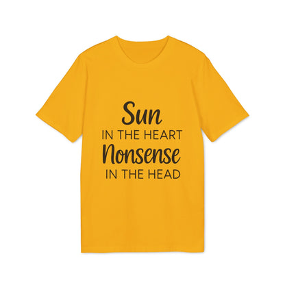Alt Tag: Organic Tee Sun in the Heart Nonsense in the Head yellow organic cotton t-shirt with "Sun in the Heart Nonsense in the Head" text