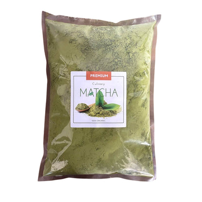 Alt Tag: Organic Culinary Matcha Tea – 1000 g premium culinary matcha powder in resealable bag, vibrant green, stone-ground texture