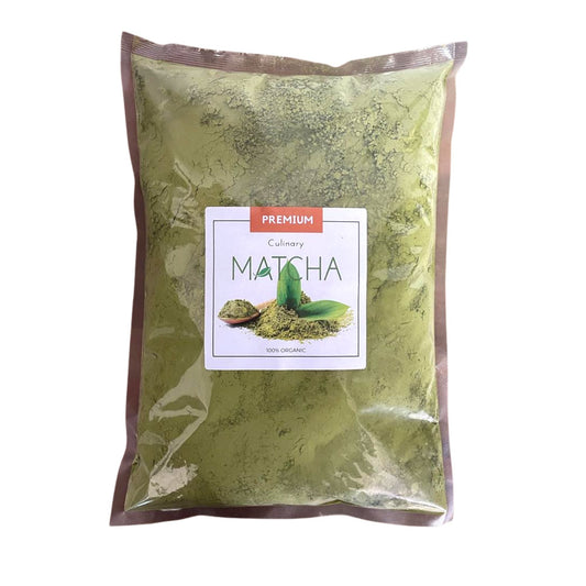 Alt Tag: Ekologiskt kulinariskt matchate – 1000 g premium matchapulver för matlagning i återförslutningsbar påse, livfullt grönt, stenmalen textur