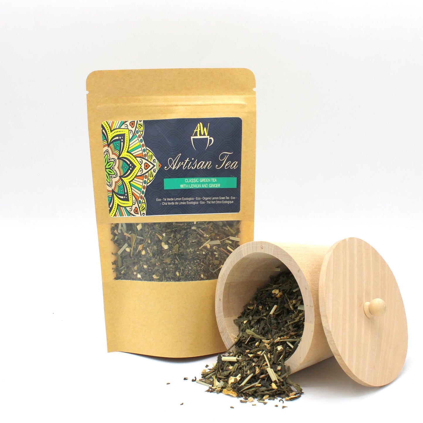 Alt Tag: Organic Green Tea – Lemon & Ginger Infusion 50G packaging with loose leaf tea and wooden canister on white background
