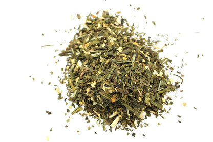 Alt Tag: Organic Green Tea – Lemon & Ginger Infusion 50G loose leaf Sencha green tea blend with lemon pieces and ginger