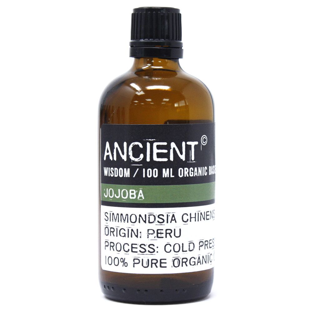 Alt Tag: Organic Jojoba Base Oil – 100 ML en botella ámbar con tapa negra, jojoba Simmondsia chinensis, prensado en frío, origen Perú