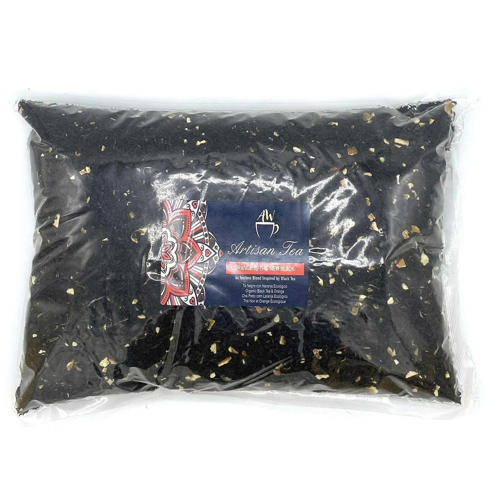 Organic Naranja Black Tea – 1 KG bolsa de 1 kg de té negro orgánico con trozos de naranja en empaque transparente