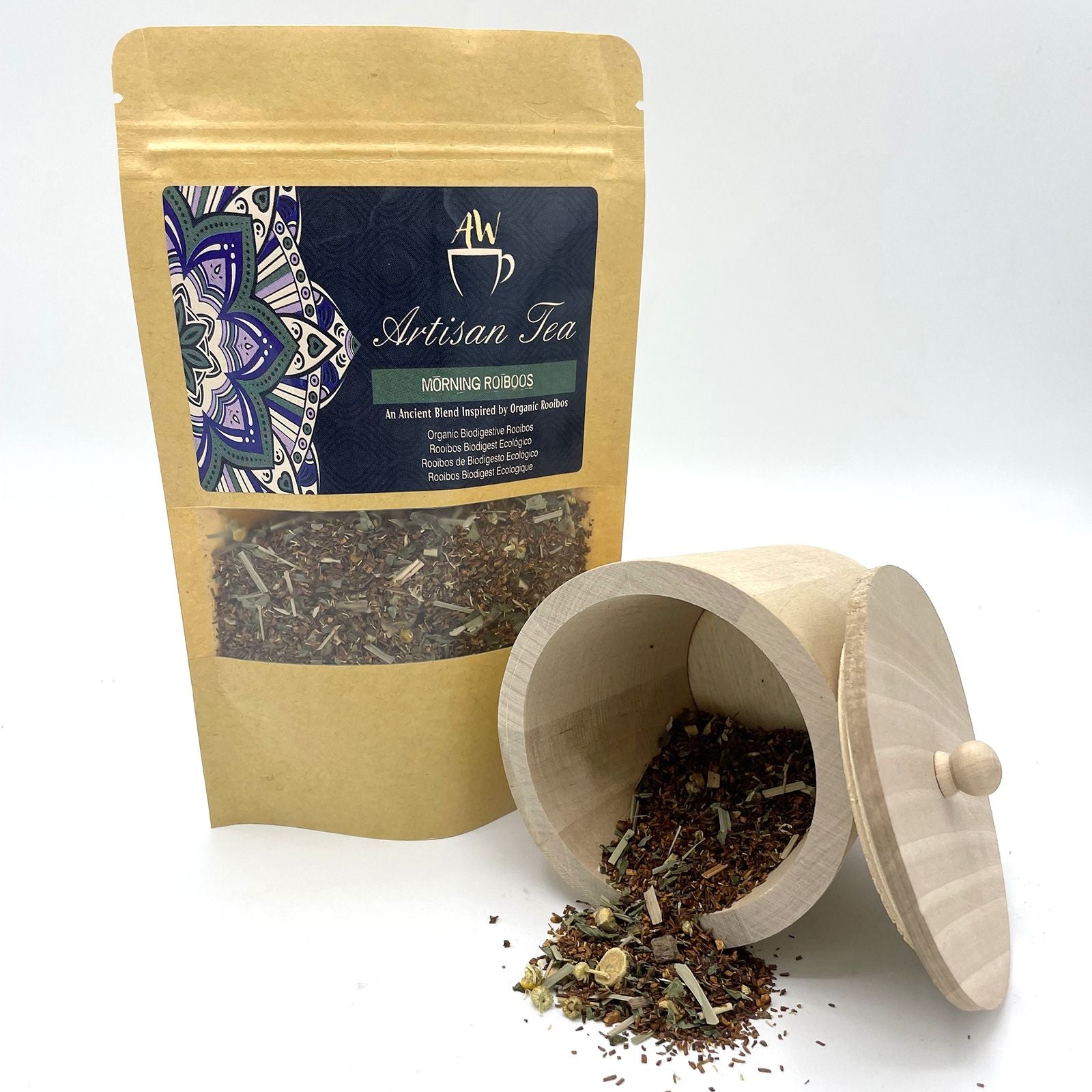 Alt Tag: Organic Rooibos Artisan Tea Blend – 50G en bolsa kraft con ventana, mezcla rooibos con manzanilla y anís estrellado, té suelto