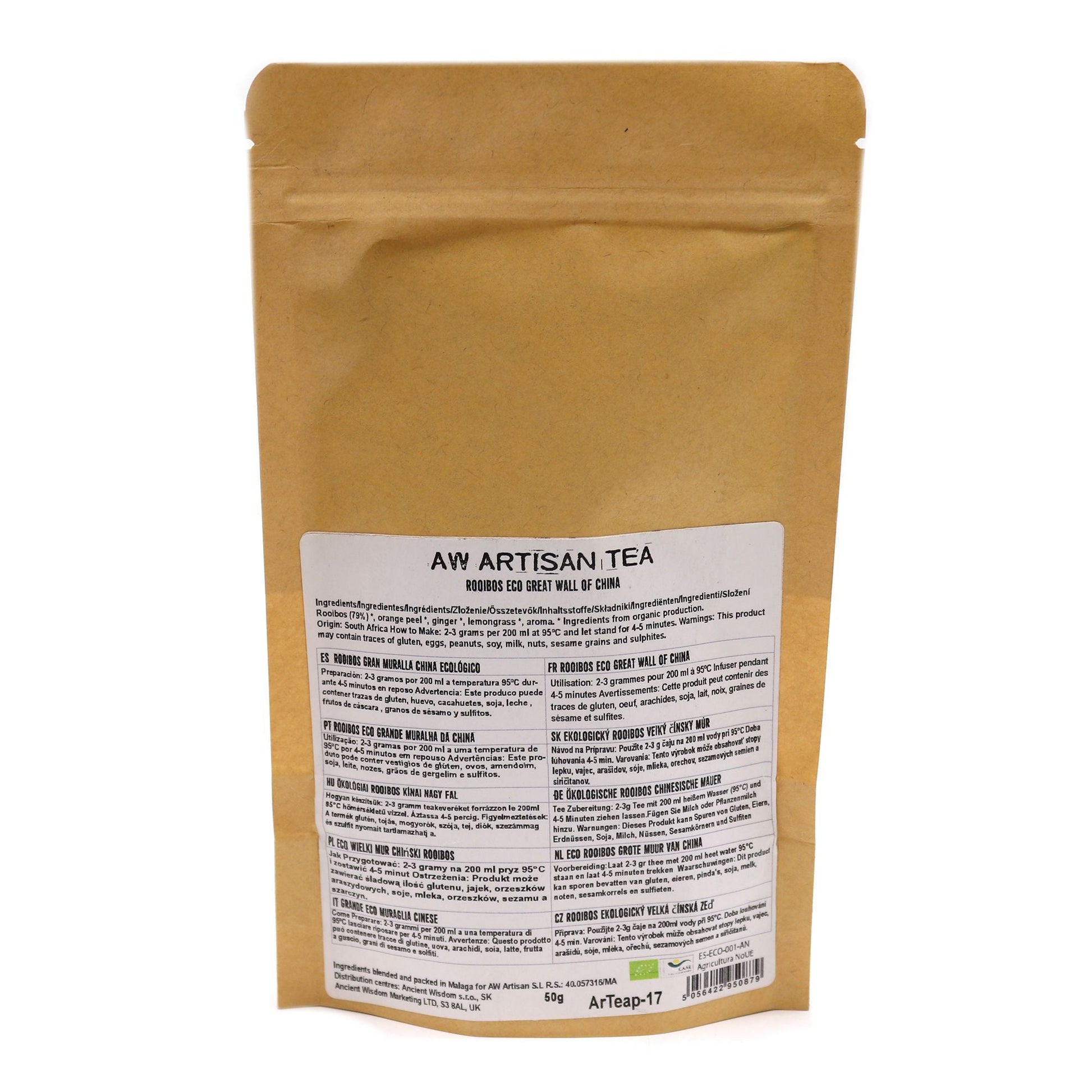 Alt Tag: Organic Rooibos Tea Blend – 50G in kraft pouch, AW Artisan Tea label, rooibos with orange peel, ginger and lemongrass
