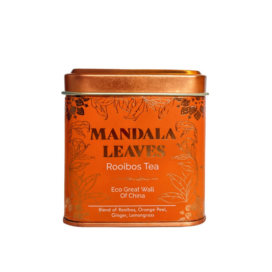 Alt Tag: Organic Rooibos Tea – Great Wall of China (50 g) Mandala Leaves Rooibos Tea en lata, blend con cáscara de naranja, jengibre y lemongrass