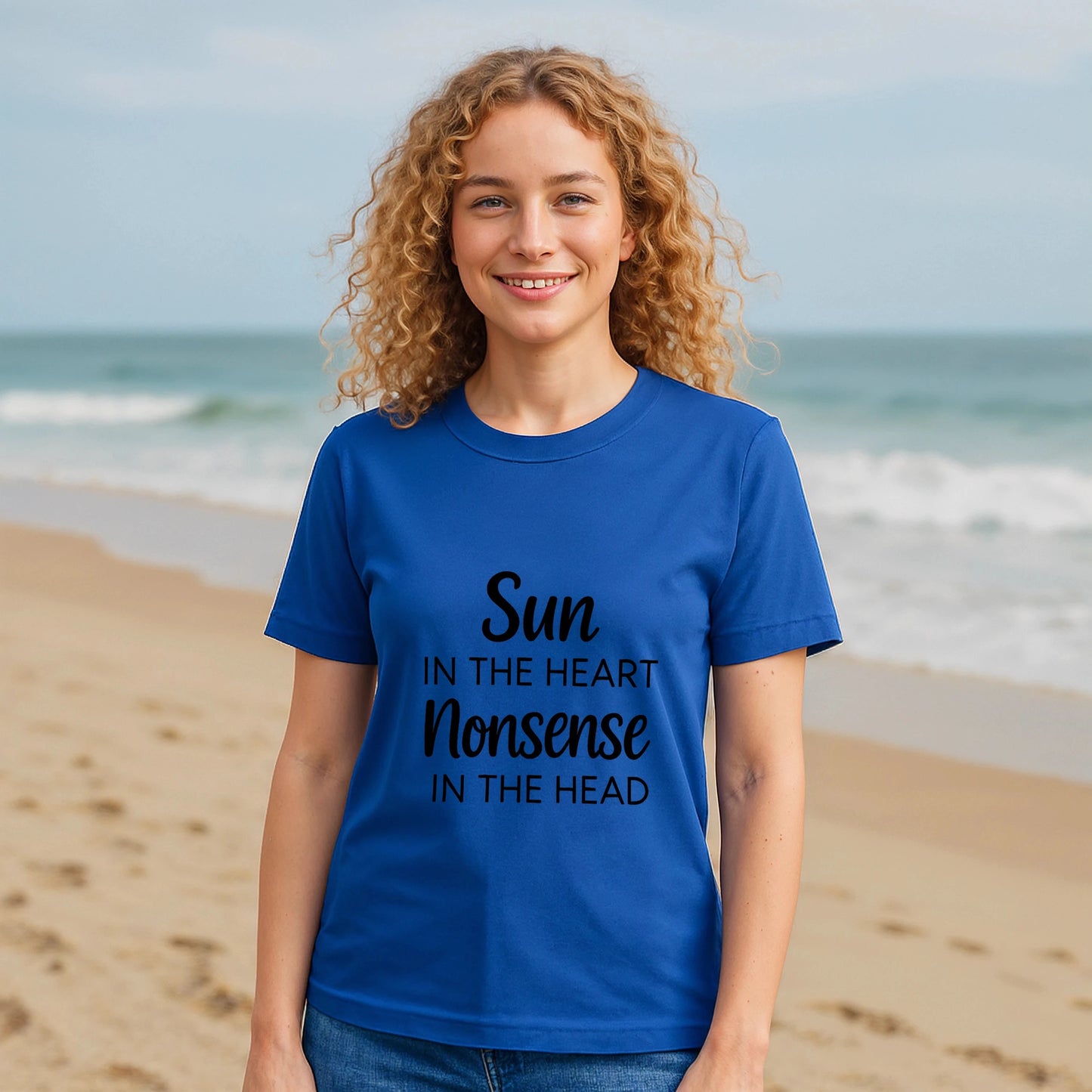 Alt Tag: Organic Tee Sun in the Heart Nonsense in the Head blue organic cotton t-shirt with “Sun in the heart, Nonsense in the head” print