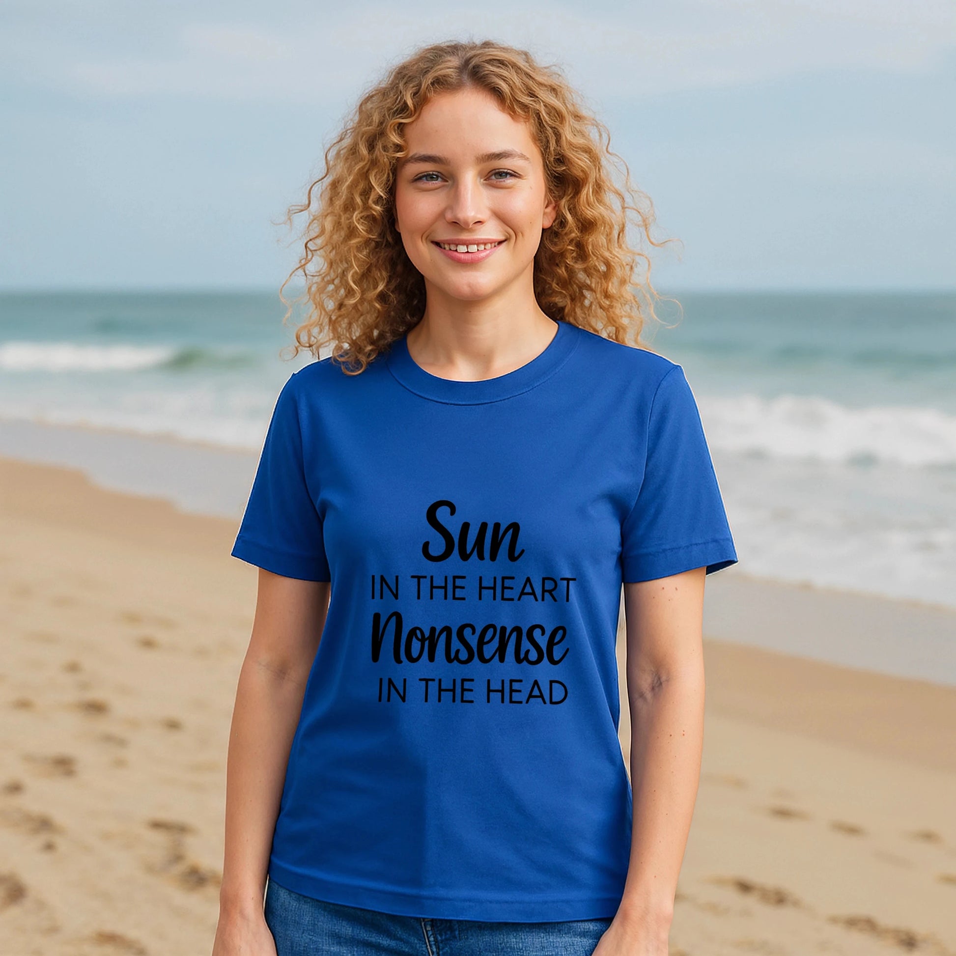 Alt Tag: Organic Tee Sun in the Heart Nonsense in the Head blue organic cotton t-shirt with “Sun in the heart, Nonsense in the head” print
