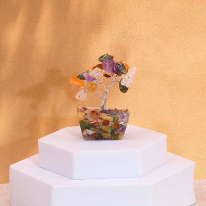 Alt Tag: Orgonite Base Mini Gemstone Tree – 15 Multi Stones decor tree with multi-color chipstones on orgonite base, tabletop display