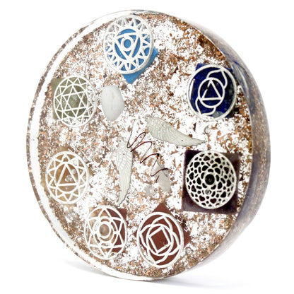 Alt Tag: Orgonite Desk Power Pack – Angel Chakra – Large round orgonite with angel wings, copper coil, chakra symbols and gemstones on white