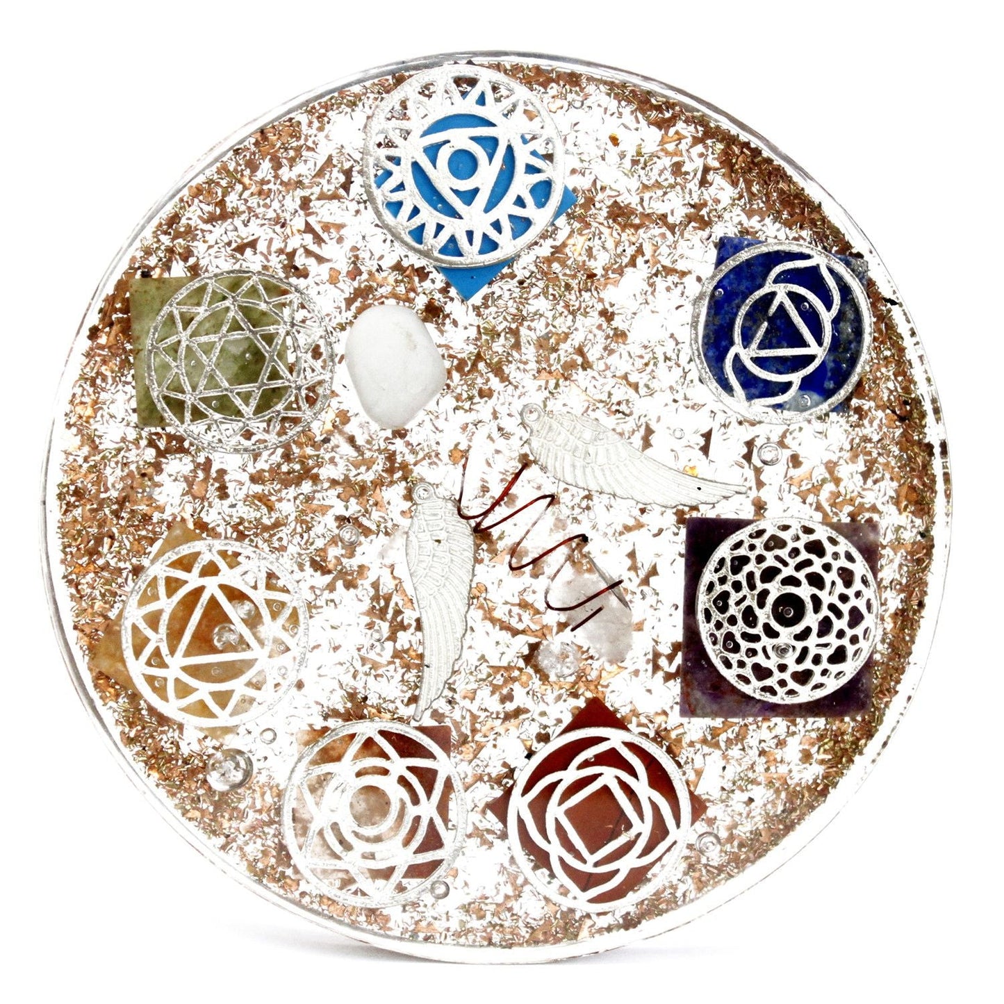 Orgonite Desk Power Pack – Angel Chakra – Large circular orgonite disk with angel figure, seven chakra symbols, crystals and copper flakes