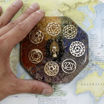 Alt Tag: Orgonite Desk Power Pack – Angel Chakra – Large octagonal orgonite with chakra symbols and angel figure on a map, hand for scale
