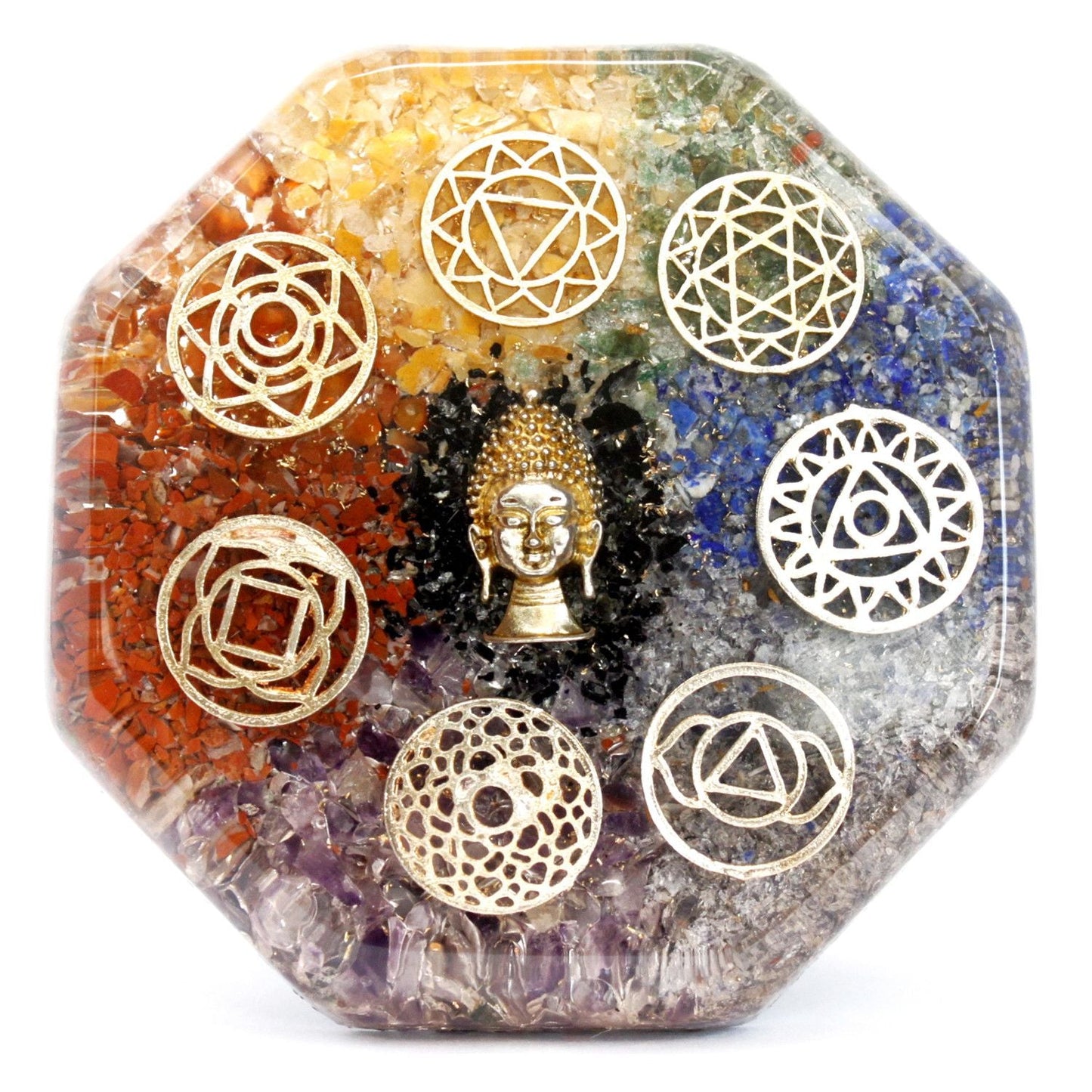 Alt Tag: Orgonite Desk Power Pack – Buddha Chakra – Large with Buddha center and seven chakra gemstone symbols in resin octagon