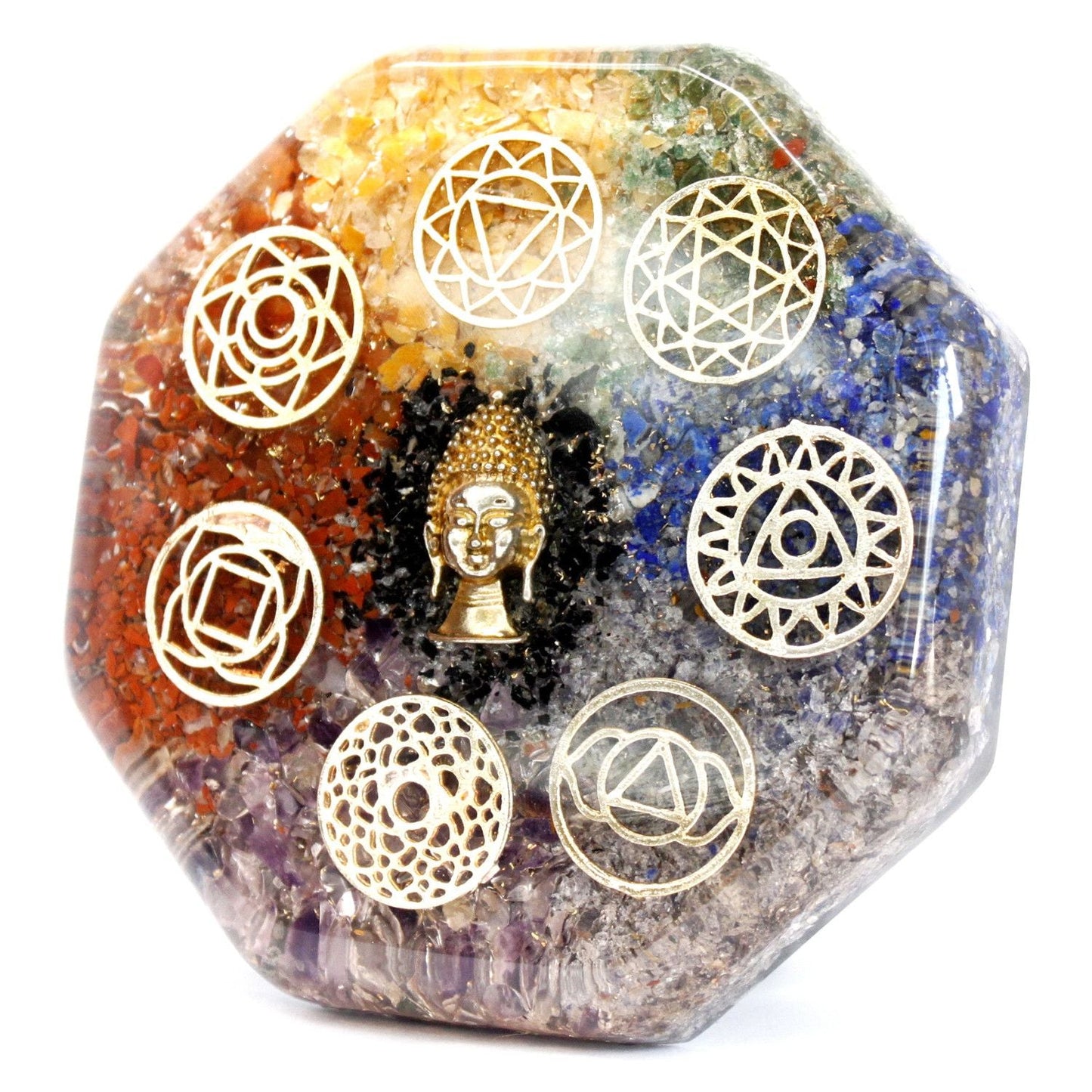 Alt Tag: Orgonite Desk Power Pack – Buddha Chakra – Large with Buddha centerpiece and seven chakra gemstone symbols in resin and metal