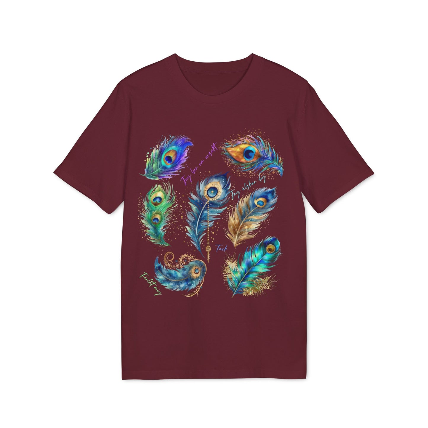 Påfågel Hooponopono 100% Organic Cotton T-Shirt maroon tee with colorful peacock feather graphic design on front