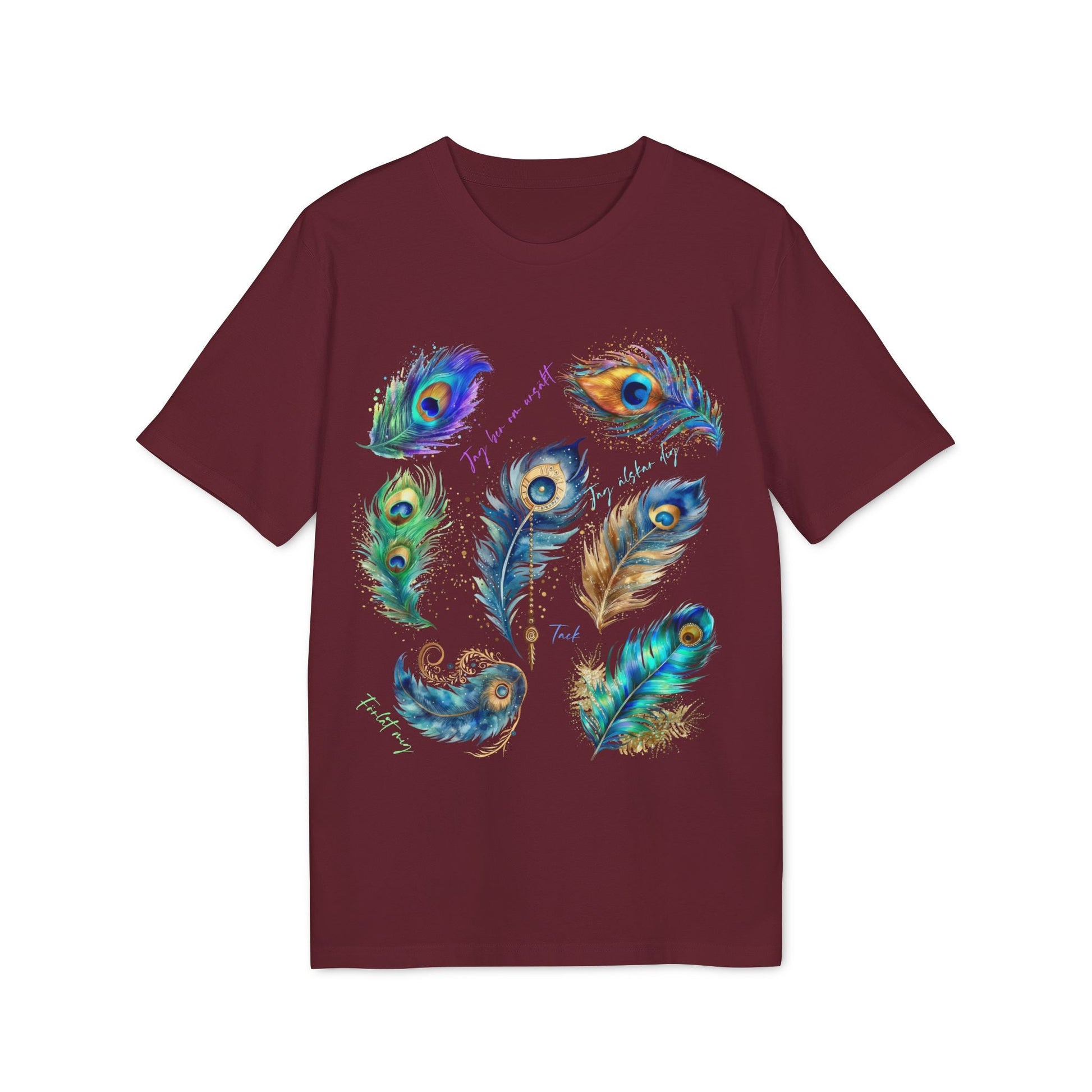 Påfågel Hooponopono 100% Organic Cotton T-Shirt maroon tee with colorful peacock feather graphic design on front