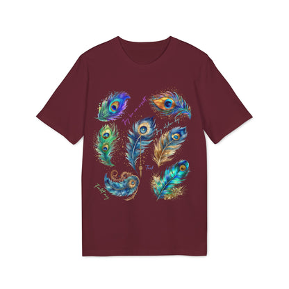 Påfågel Hooponopono 100% Organic Cotton T-Shirt maroon tee with colorful peacock feather graphic design on front