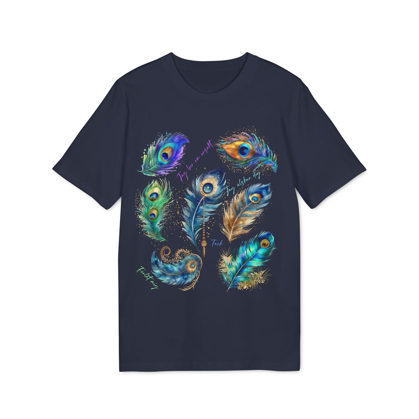 Påfågel Hooponopono 100% Organic Cotton T-Shirt navy tee with colorful peacock feather graphic print on front