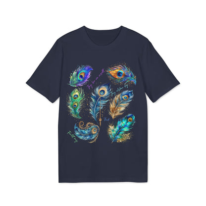 Påfågel Hooponopono 100% Organic Cotton T-Shirt navy tee with colorful peacock feather graphic print on front