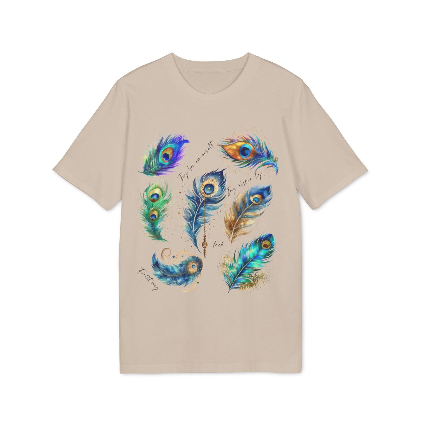 Påfågel Hooponopono 100% Organic Cotton T-Shirt beige tee with colorful peacock feather graphic illustration