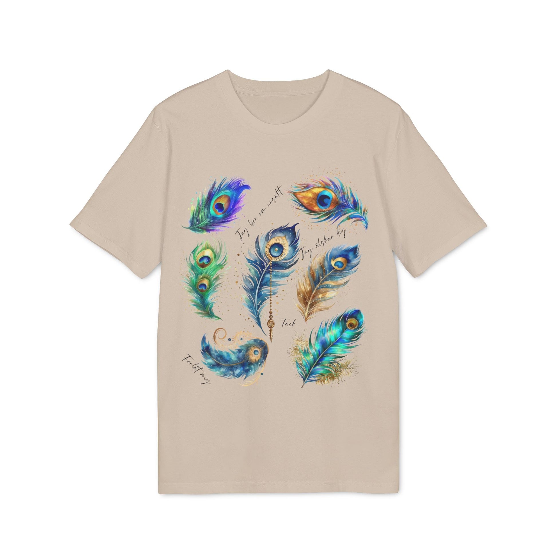 Påfågel Hooponopono 100% Organic Cotton T-Shirt beige tee with colorful peacock feather graphic illustration