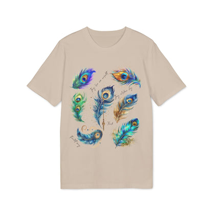 Påfågel Hooponopono 100% Organic Cotton T-Shirt beige tee with colorful peacock feather graphic illustration