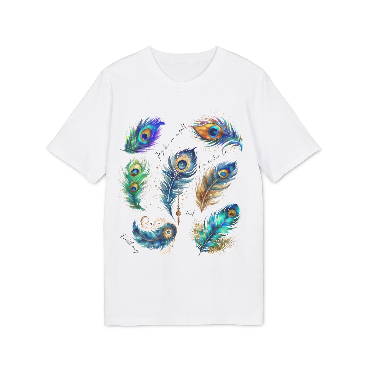 Påfågel Hooponopono 100% Organic Cotton T-Shirt white tee with colorful peacock feather illustration graphic on front