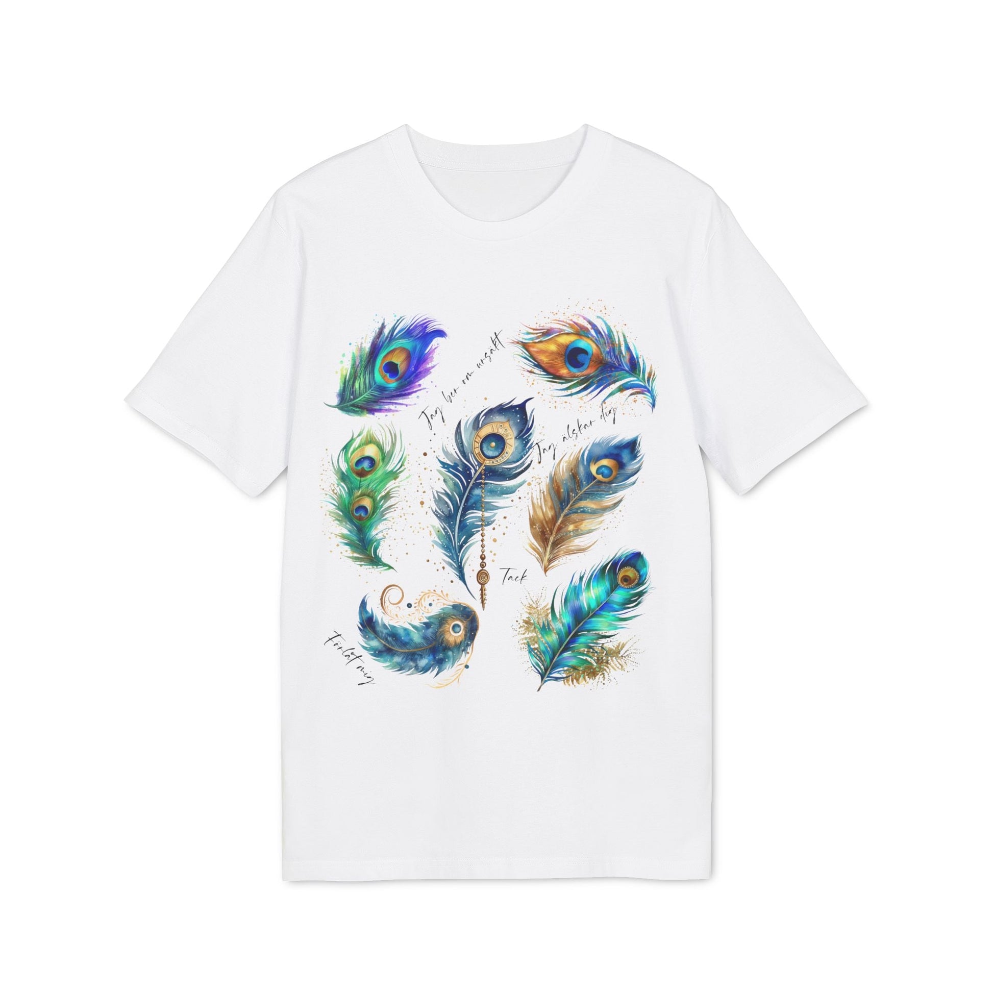 Påfågel Hooponopono 100% Organic Cotton T-Shirt white tee with colorful peacock feather illustration graphic on front