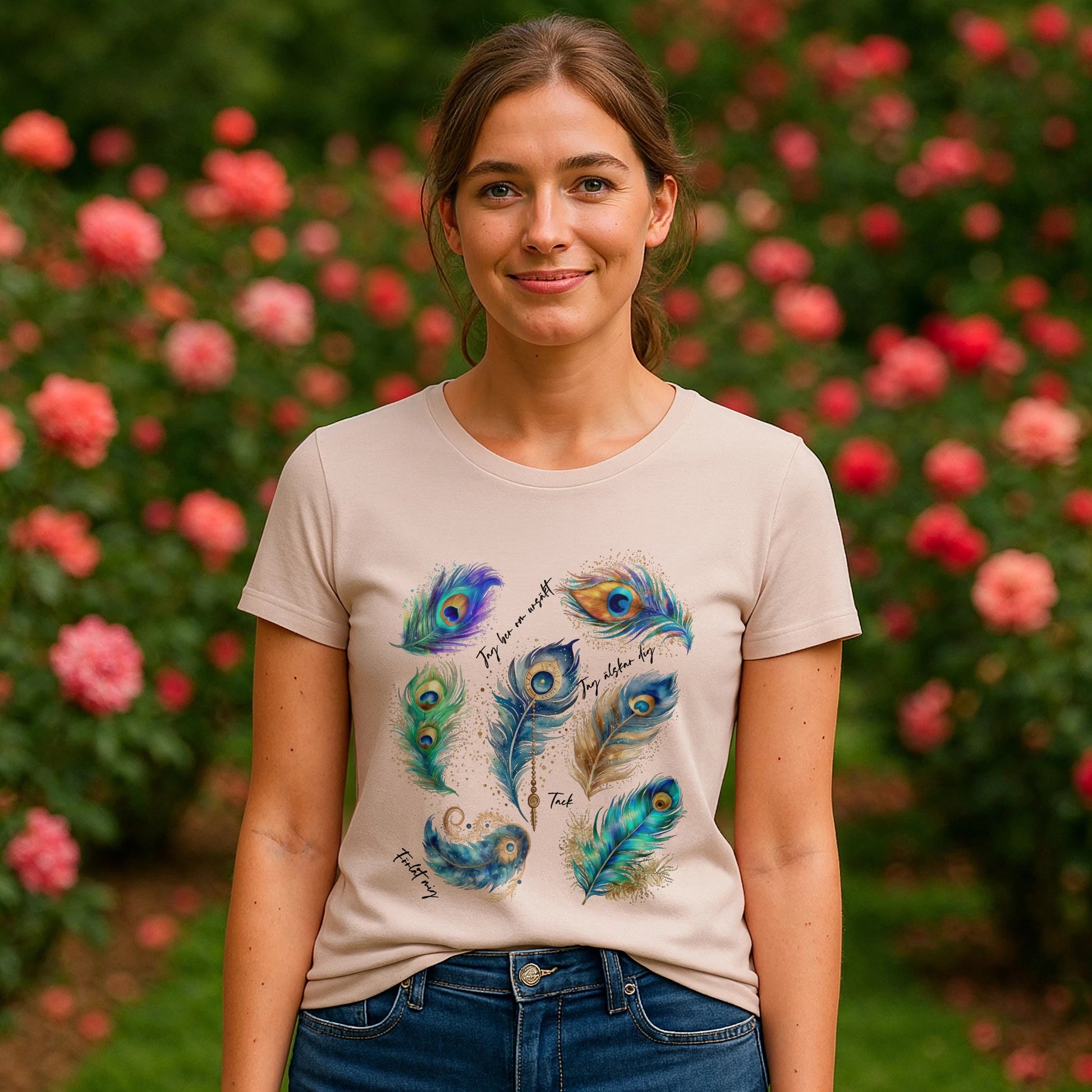 Påfågel Hooponopono 100% Organic Cotton T-Shirt on model, beige tee with peacock feather graphic, outdoor garden setting